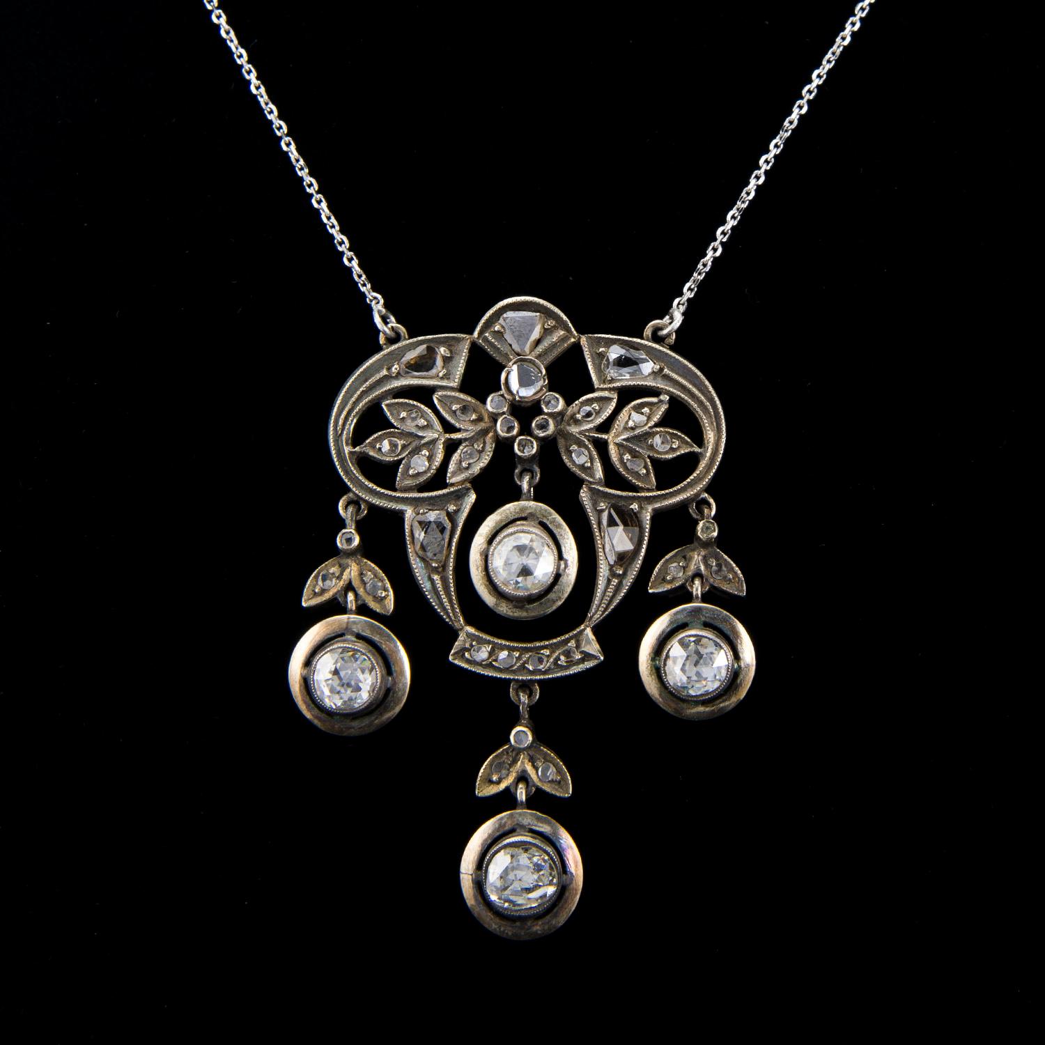 Vintage Victorian Style Apx 5.30ct Rose Cut Diamond Drop Necklace In Good Condition For Sale In BEVERLY HILLS, CA