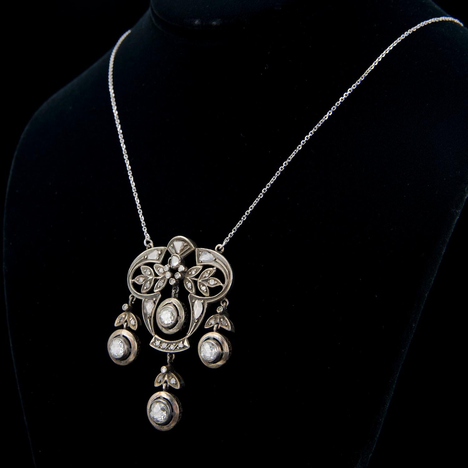Women's Vintage Victorian Style Apx 5.30ct Rose Cut Diamond Drop Necklace For Sale