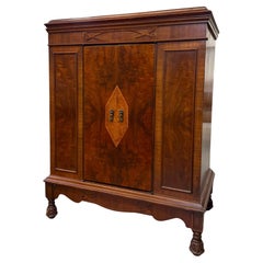 Antique Victorian Style Cabinet with Burl Wood Veneer and Geometric Inlays