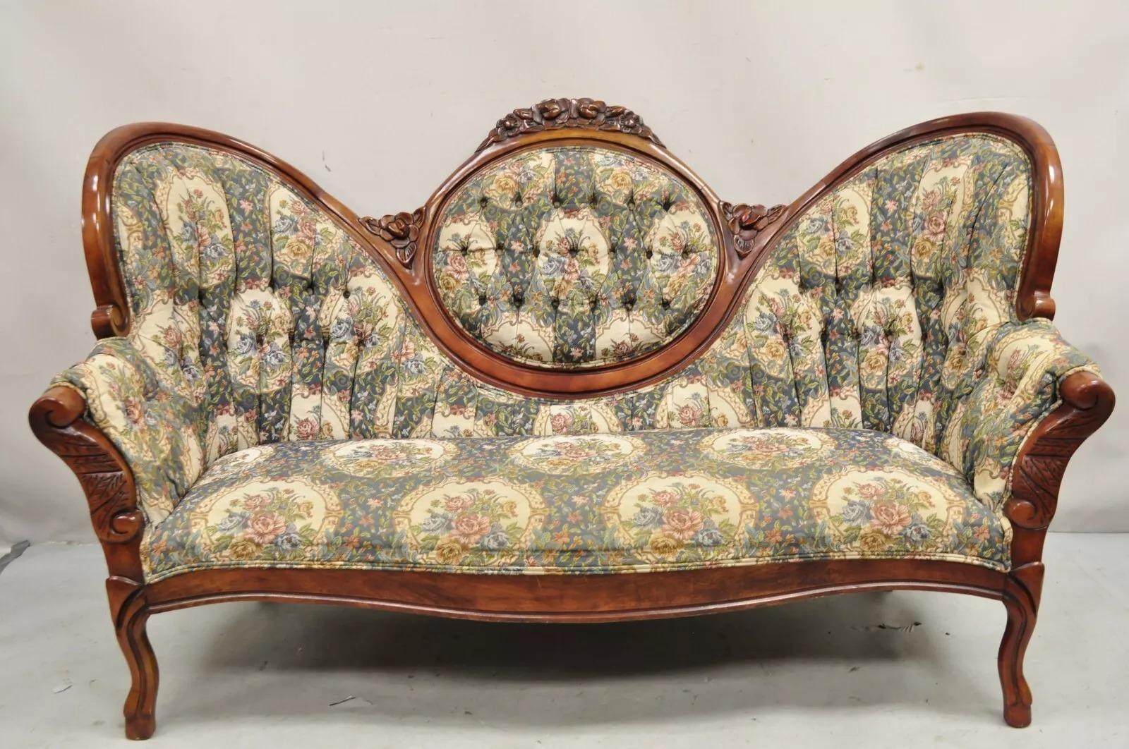 Vintage Victorian Style Cherry Wood Floral Tapestry High Cameo Back Sofa For Sale 4