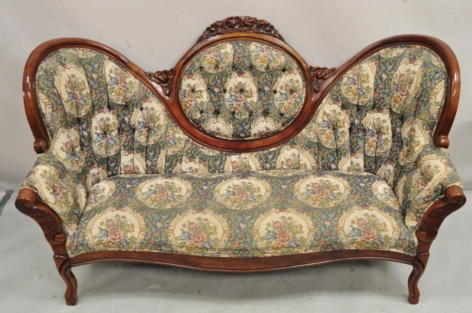 Vintage Victorian Style Cherry Wood Floral Tapestry High Cameo Back Sofa. Circa Late 20th Century. Measurements: 41