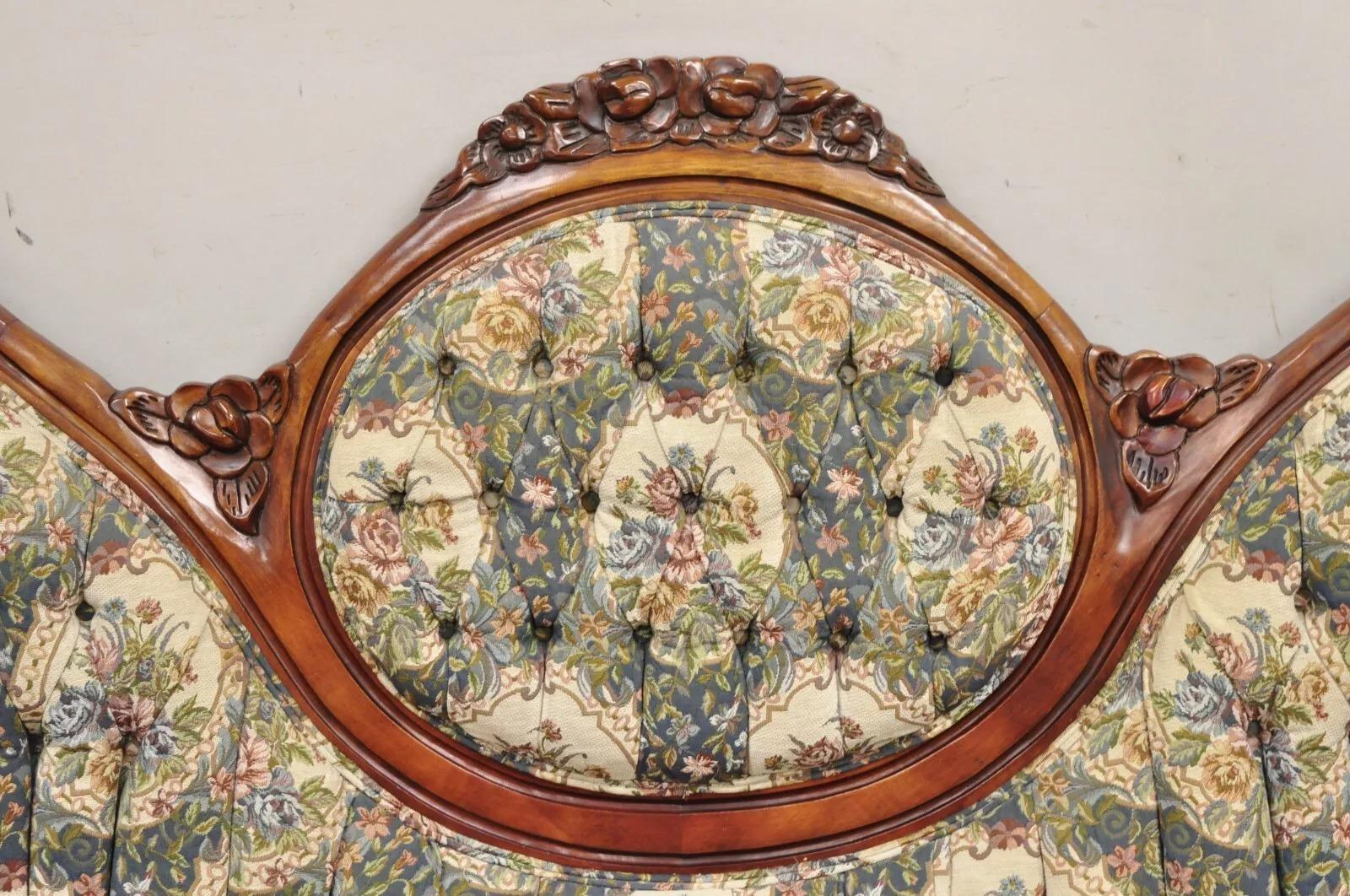 Unknown Vintage Victorian Style Cherry Wood Floral Tapestry High Cameo Back Sofa For Sale