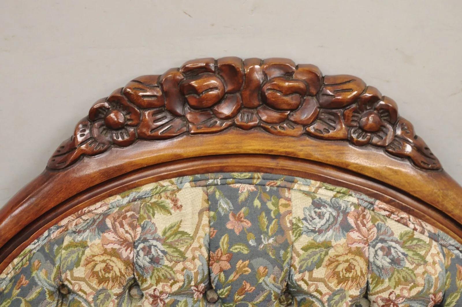 Vintage Victorian Style Cherry Wood Floral Tapestry High Cameo Back Sofa In Good Condition For Sale In Philadelphia, PA