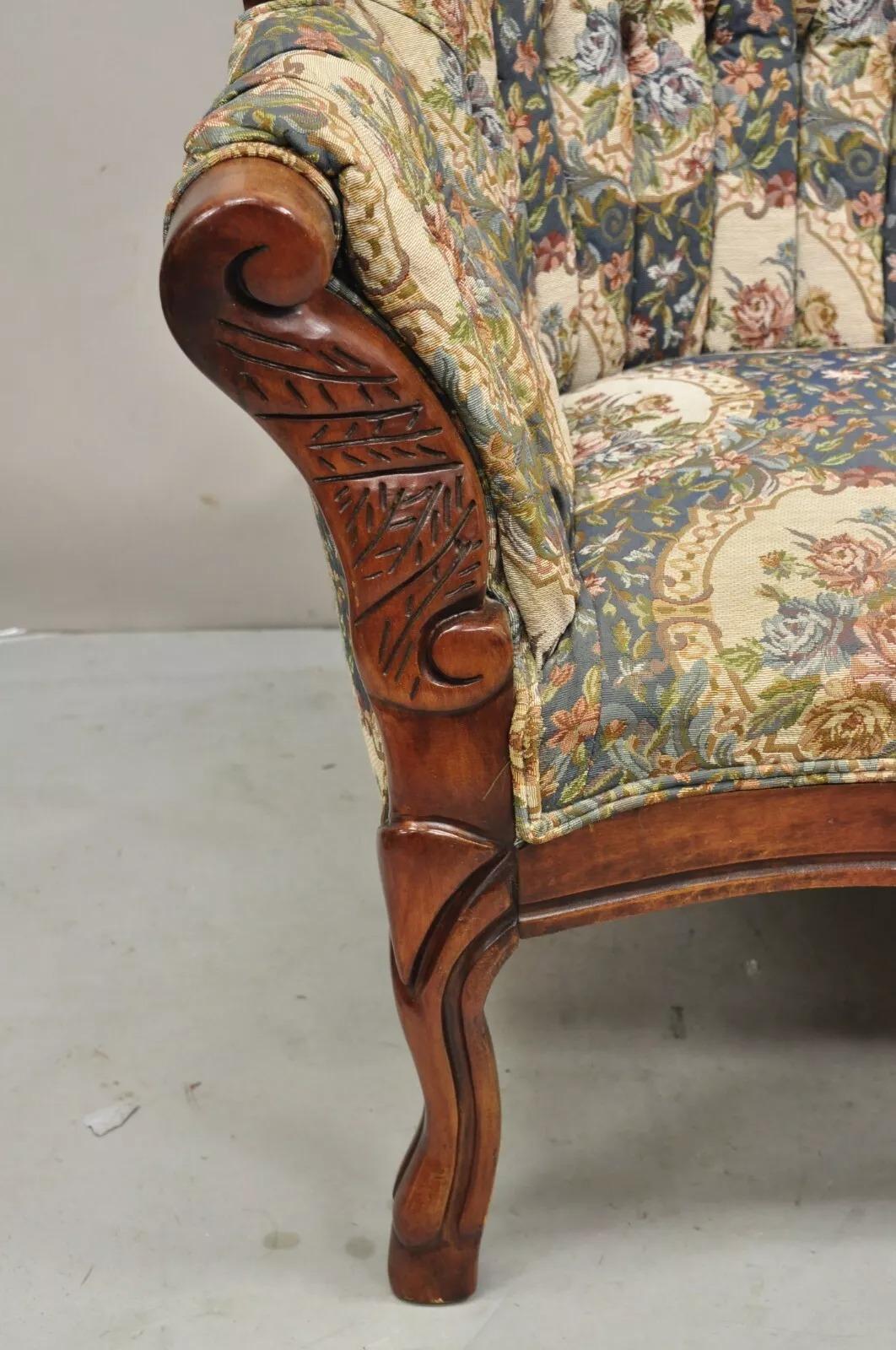 20th Century Vintage Victorian Style Cherry Wood Floral Tapestry High Cameo Back Sofa For Sale