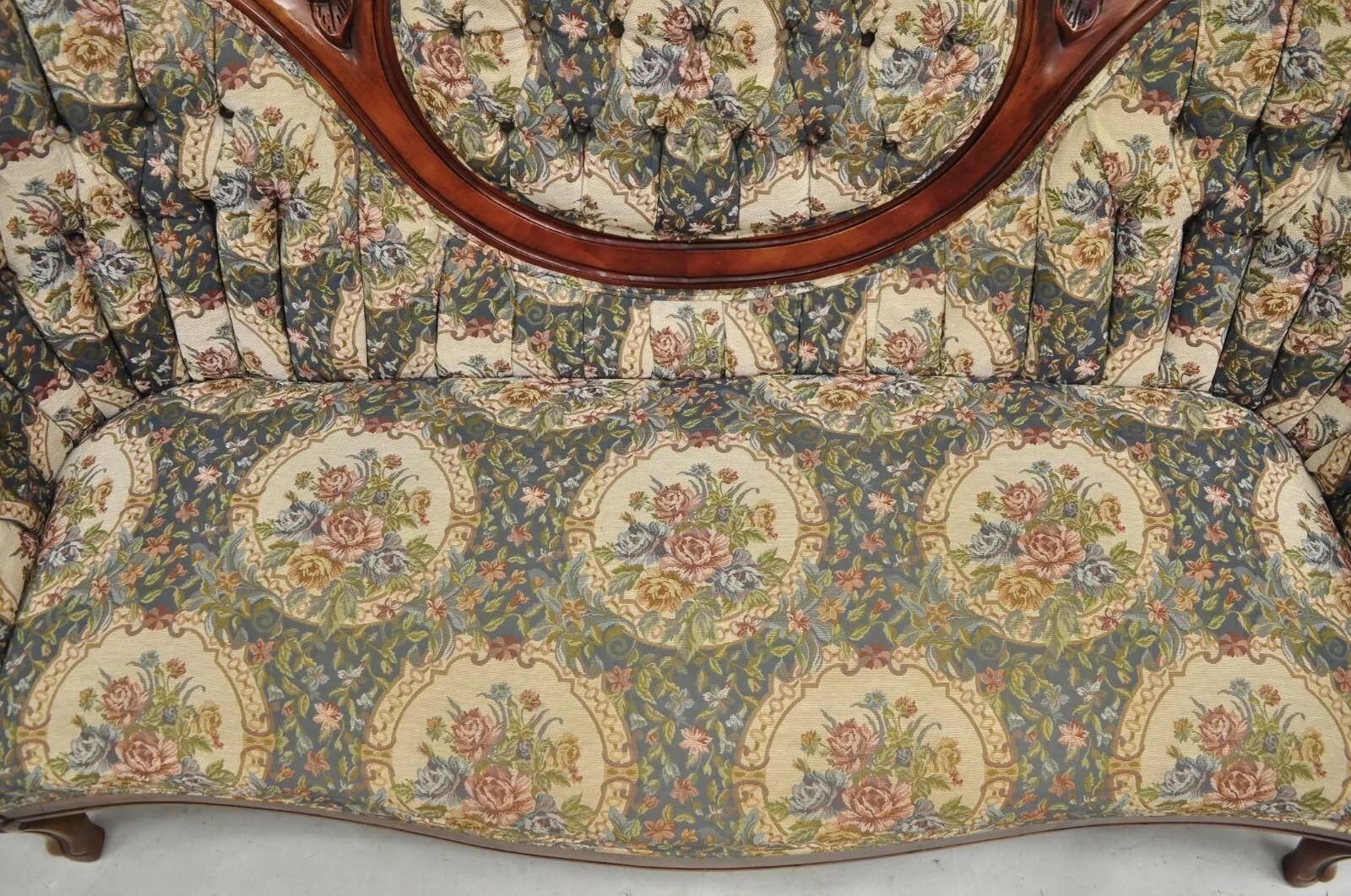 Fabric Vintage Victorian Style Cherry Wood Floral Tapestry High Cameo Back Sofa For Sale
