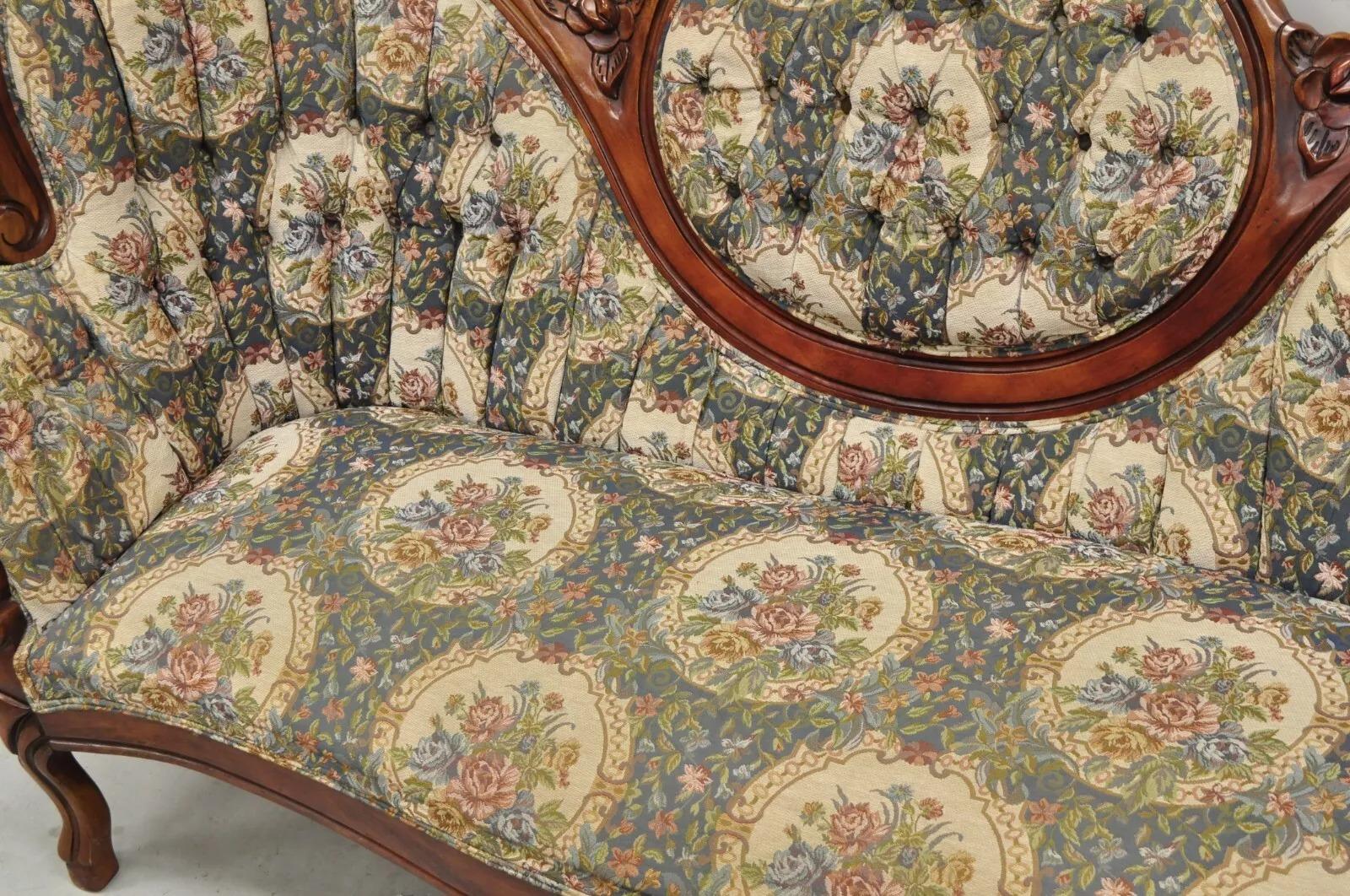Vintage Victorian Style Cherry Wood Floral Tapestry High Cameo Back Sofa For Sale 1