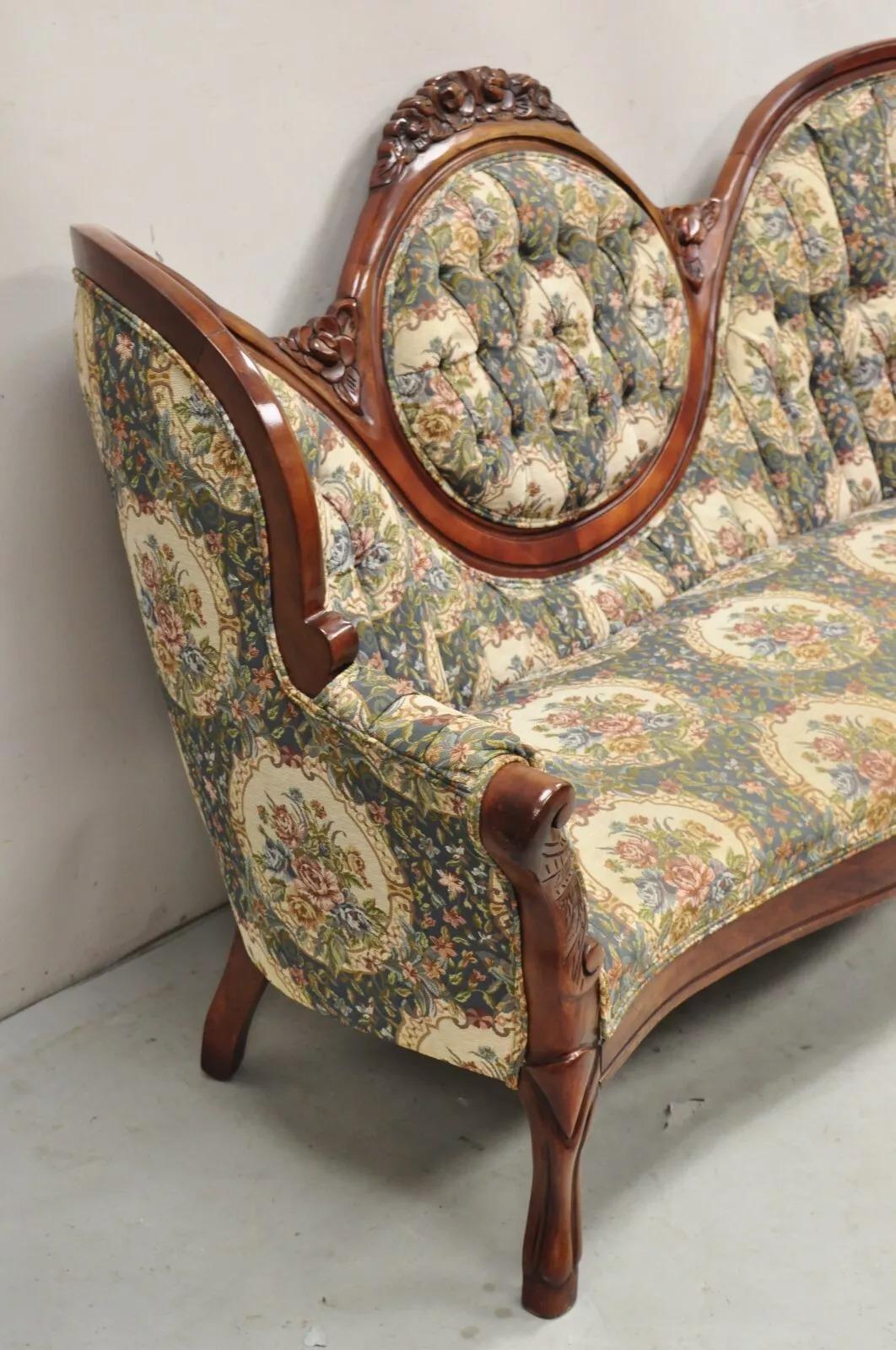 Vintage Victorian Style Cherry Wood Floral Tapestry High Cameo Back Sofa For Sale 2