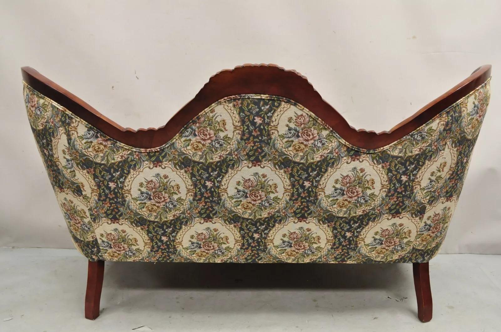 Vintage Victorian Style Cherry Wood Floral Tapestry High Cameo Back Sofa For Sale 3