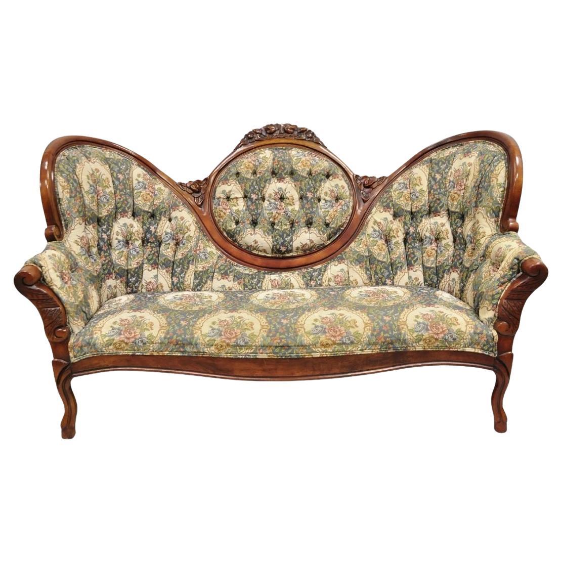 Vintage Victorian Style Cherry Wood Floral Tapestry High Cameo Back Sofa For Sale