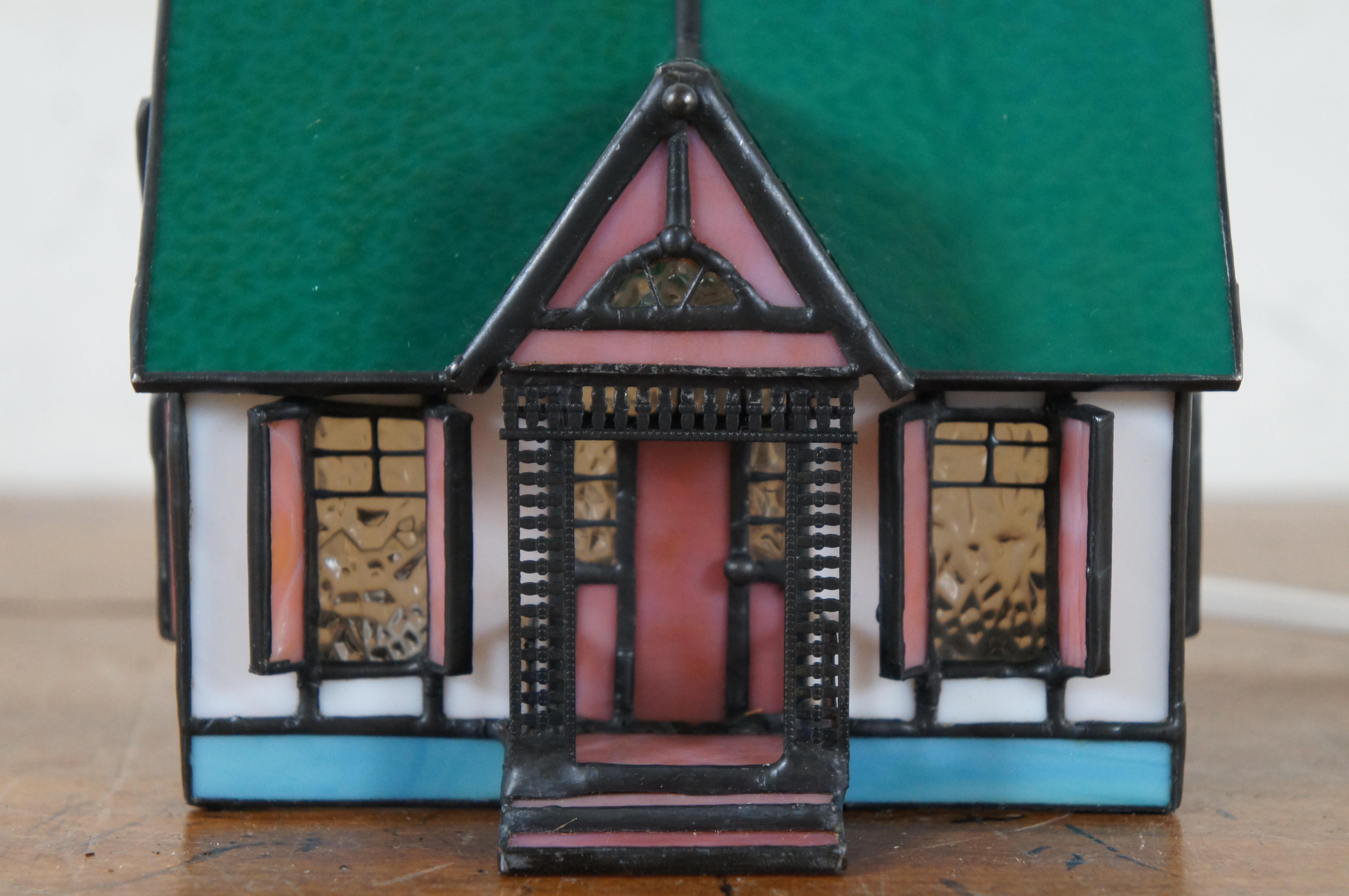 20th Century Vintage Victorian Style Colorful Stained Glass House Night Light Table Lamp 5