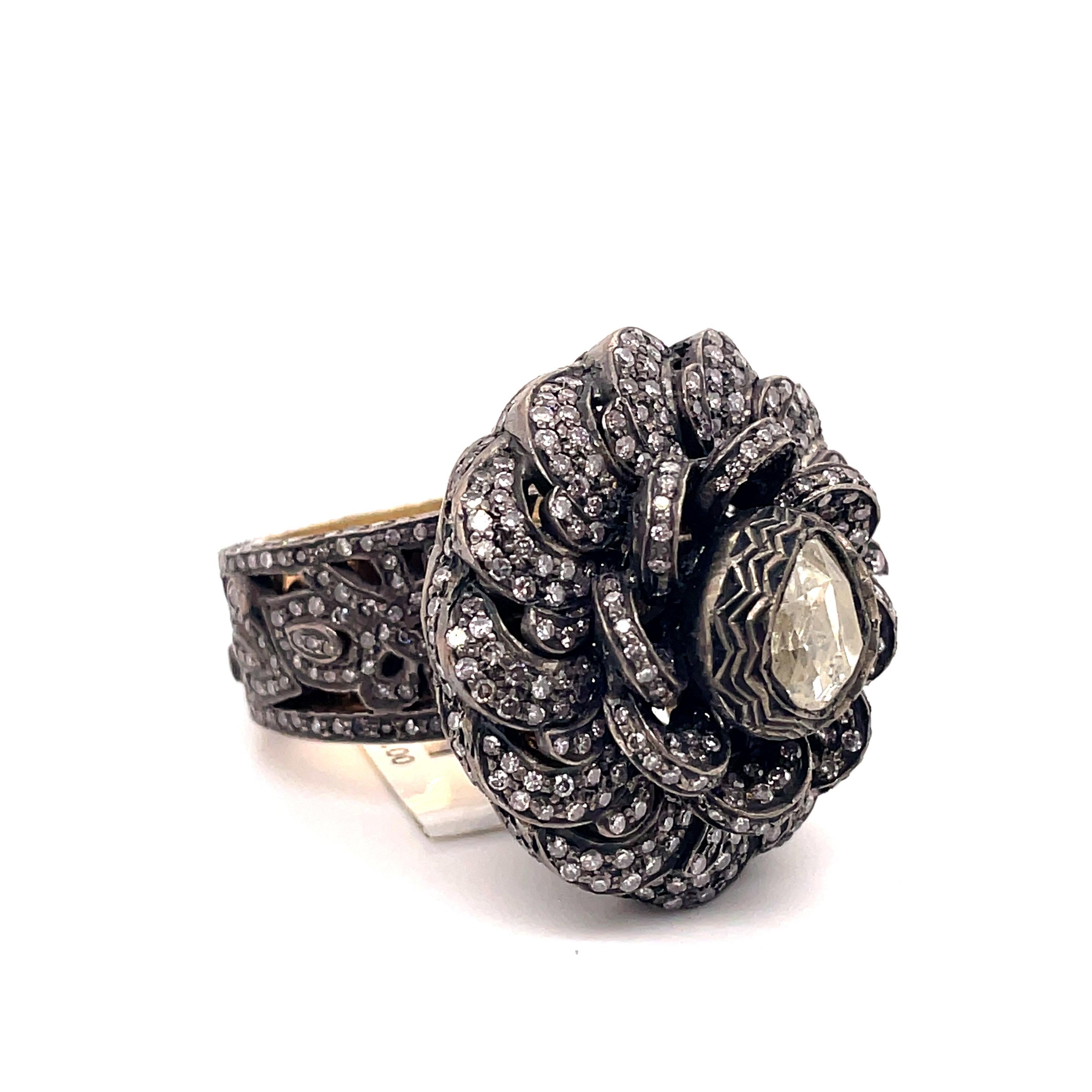 Pear Cut Vintage Victorian Style Diamond Floral Ring Silver & Gold For Sale