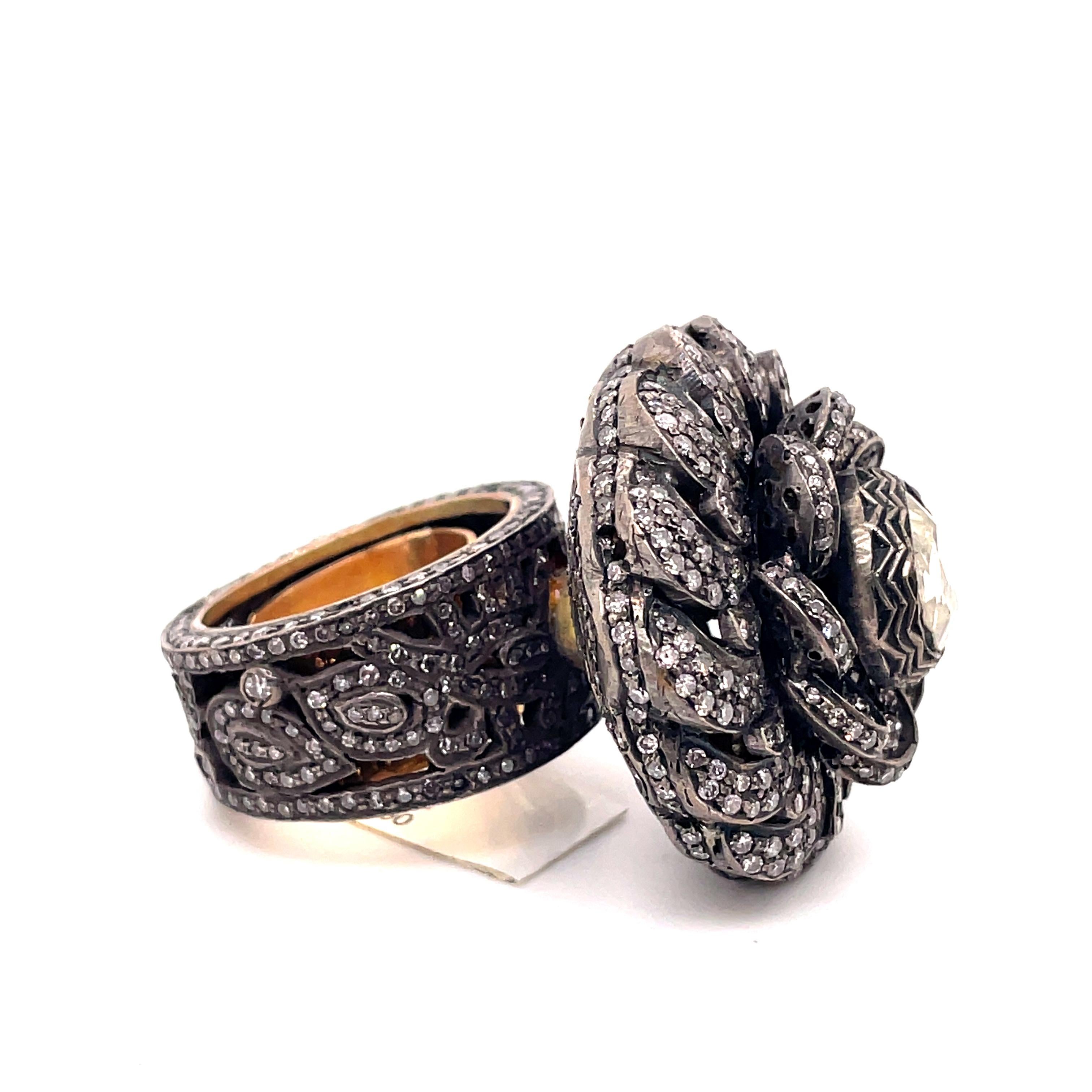 Vintage Victorian Style Diamond Floral Ring Silver & Gold In Good Condition For Sale In BEVERLY HILLS, CA