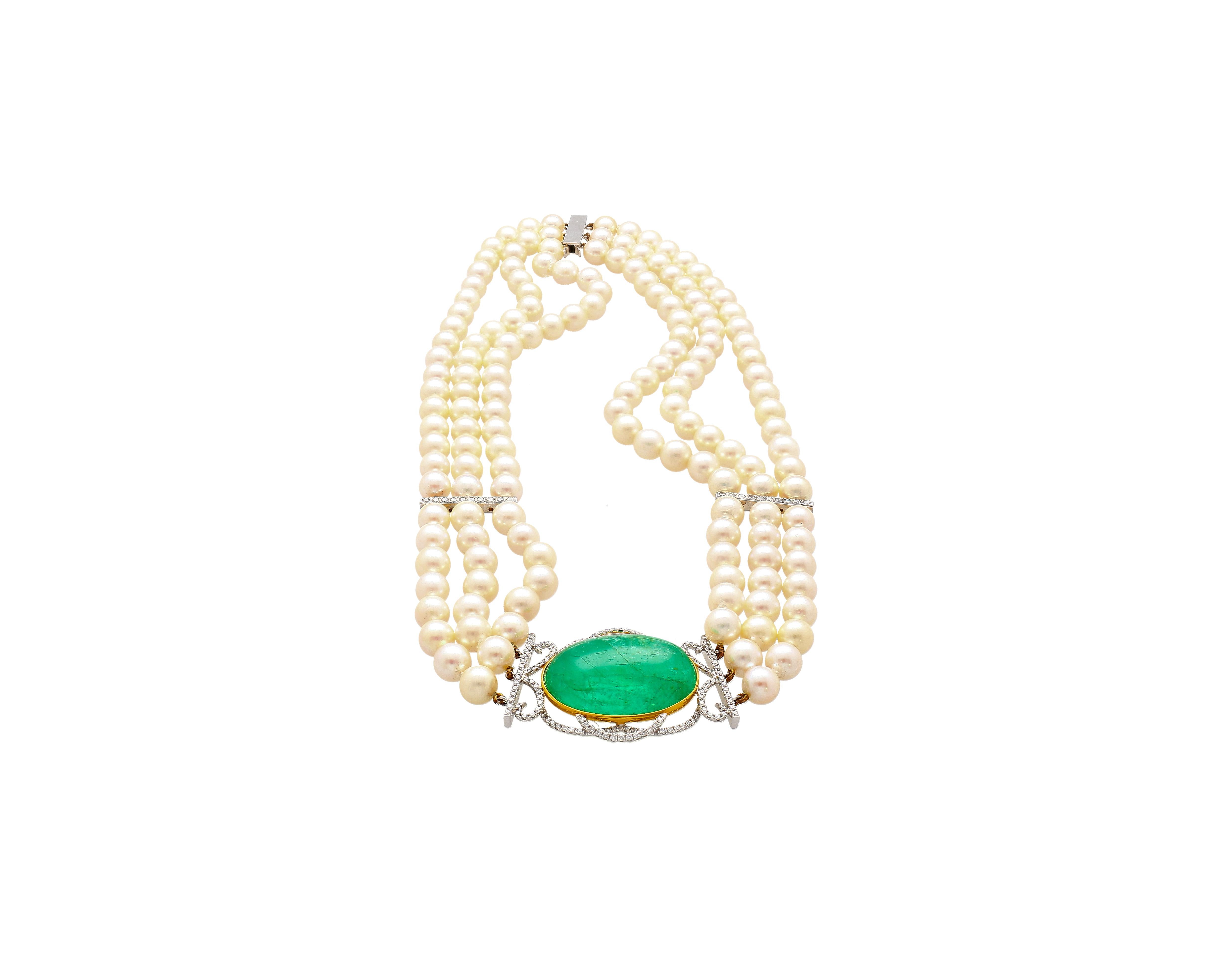 Collier ras du cou vintage de style victorien avec pendentif en émeraudes et perles à 3 brins Neuf - En vente à Miami, FL