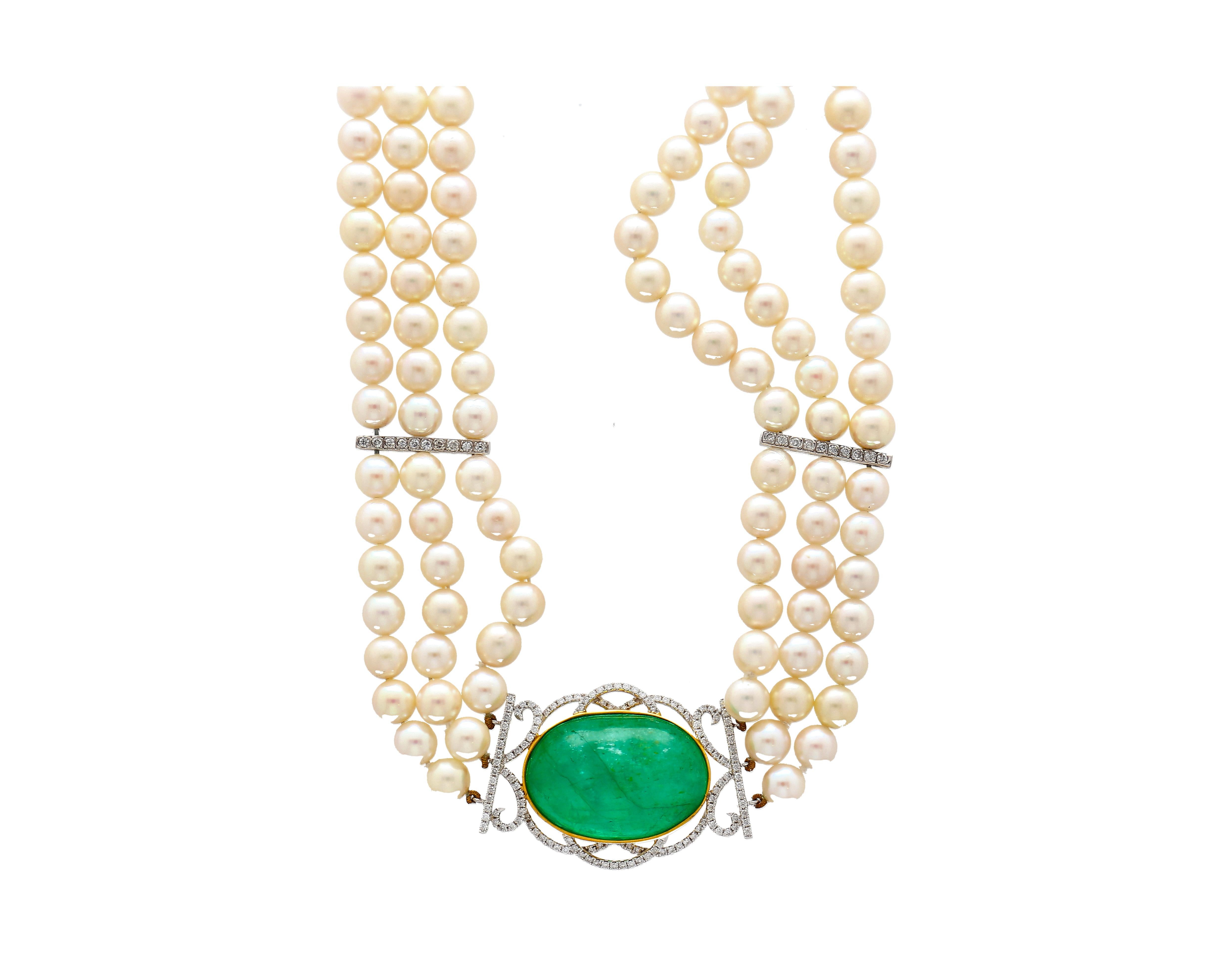 Cabochon Vintage Victorian Style Emerald And 3-Strand Pearl Pendant Choker Necklace For Sale