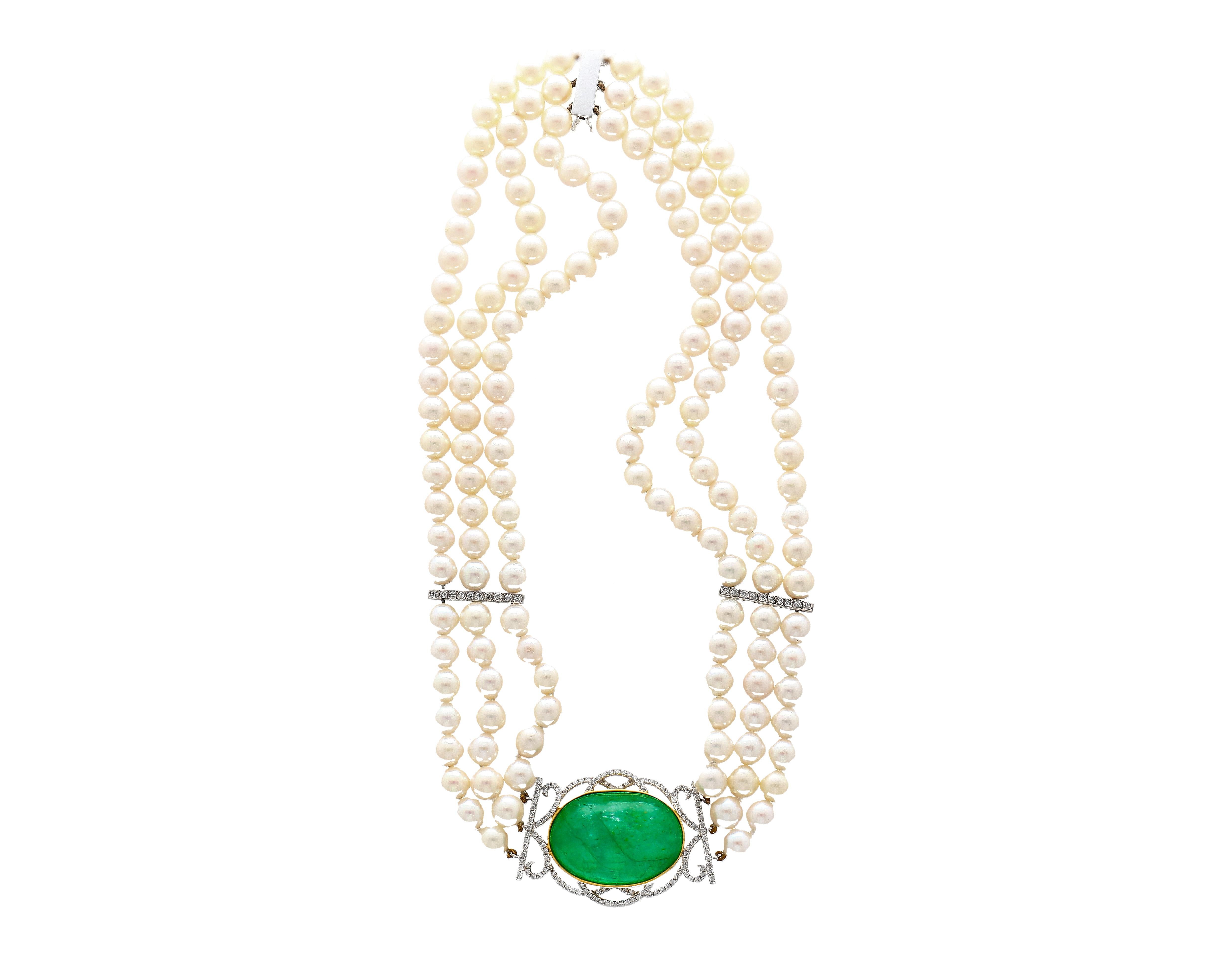 Collier ras du cou vintage de style victorien avec pendentif en émeraudes et perles à 3 brins en vente 1