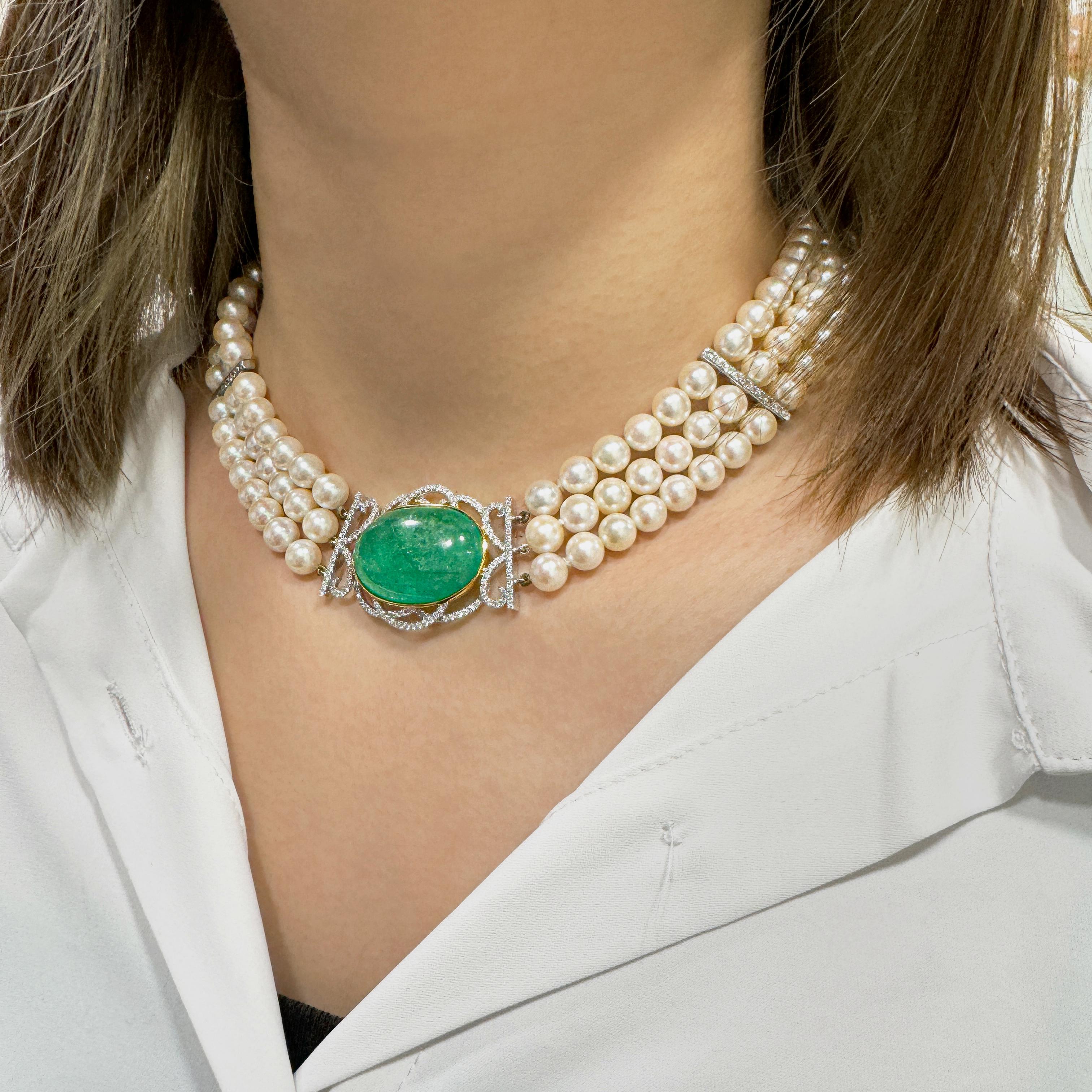 Collier ras du cou vintage de style victorien avec pendentif en émeraudes et perles à 3 brins en vente 2
