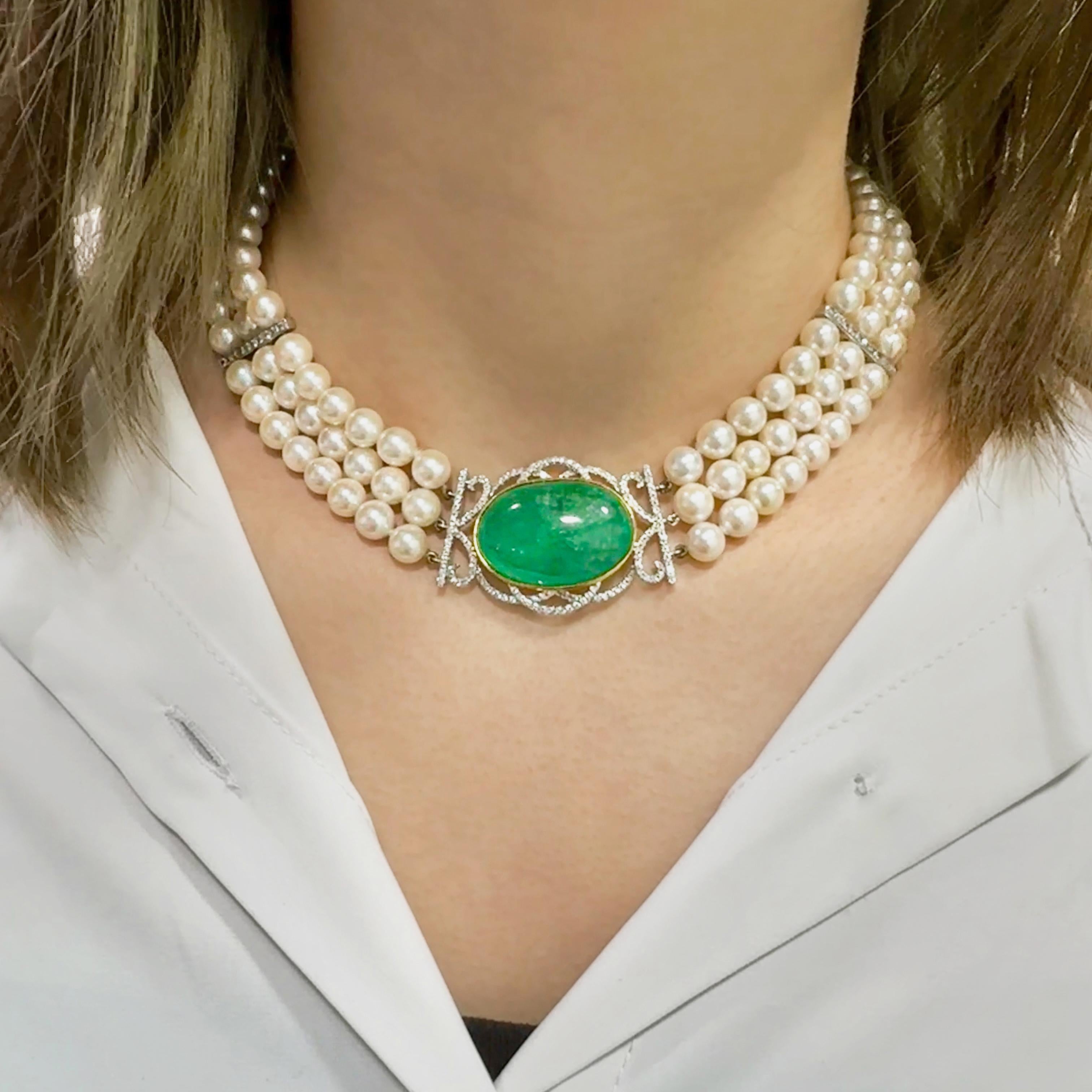 Collier ras du cou vintage de style victorien avec pendentif en émeraudes et perles à 3 brins en vente 3