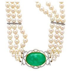 Vintage Victorian Style Emerald And 3-Strand Pearl Pendant Choker Necklace
