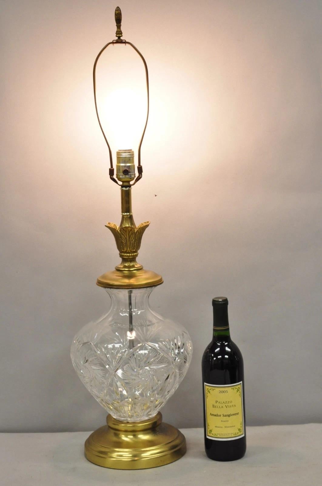 Vintage Victorian Style Etched Crystal Glass Ginger Jar Brass Mounted Table Lamp. Circa Late 20th Century. Measurements: 32