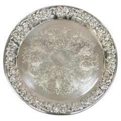 Vintage Victorian Style Floral Repousse Silver Plated 15" Round Platter Tray