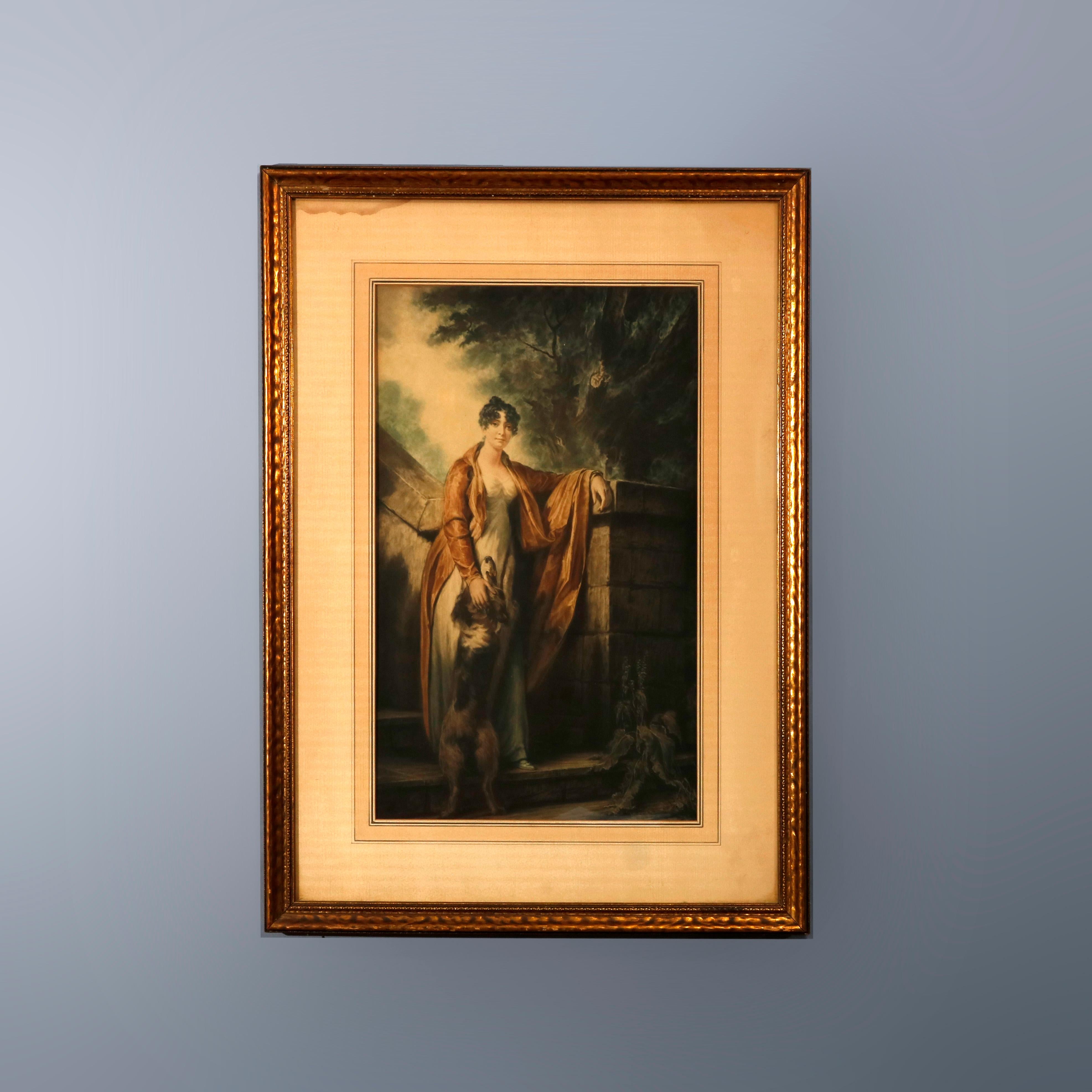 A vintage Victorian style genre print depicts a portrait of a woman and her dog in countryside setting, framed and matted, 20th C

Measure- 35.63