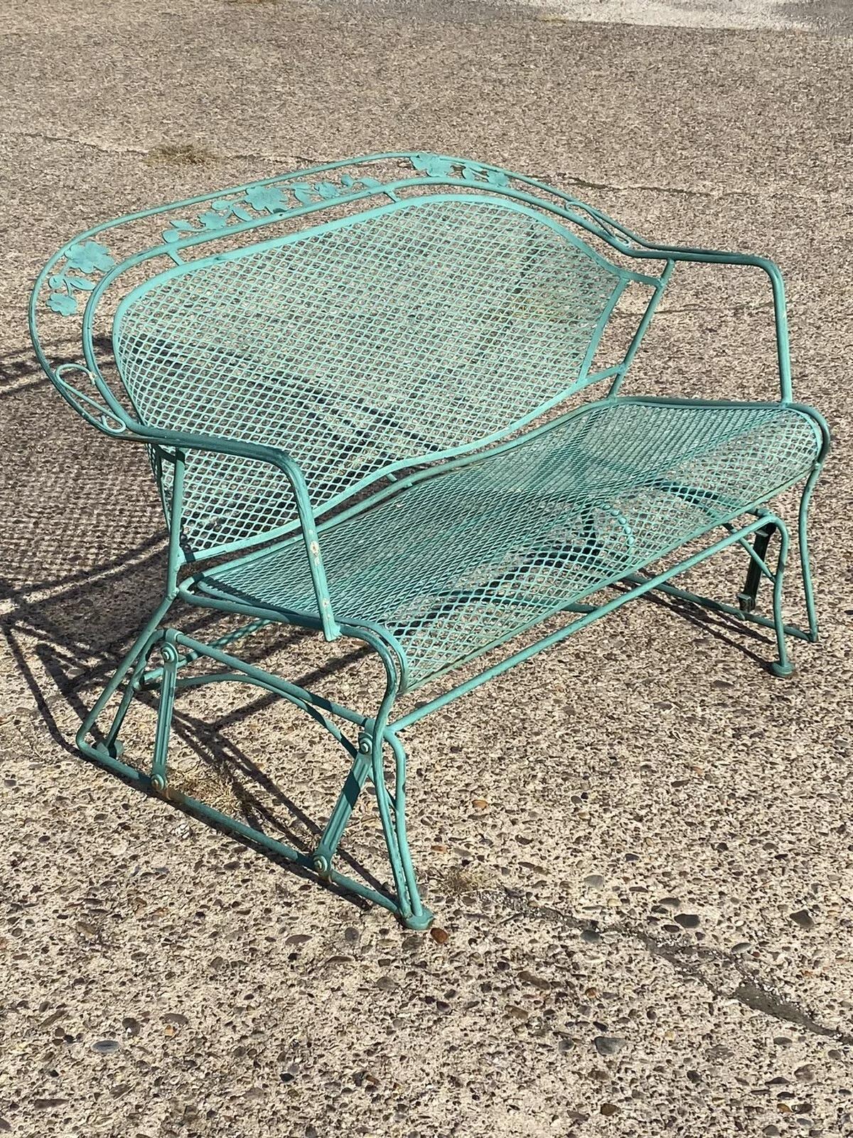 Vintage Victorian Style Green Iron Outdoor Garden Leaf Glider Loveseat Bench 4