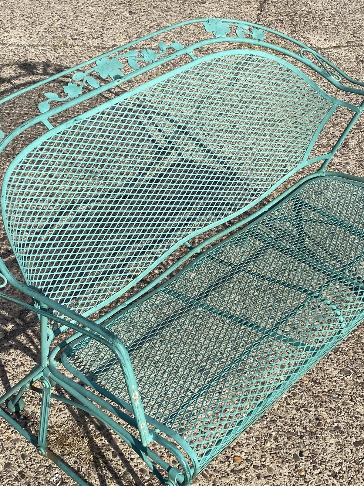 20th Century Vintage Victorian Style Green Iron Outdoor Garden Leaf Glider Loveseat Bench