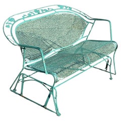 Vintage Victorian Style Green Iron Outdoor Garden Leaf Glider Loveseat Bench