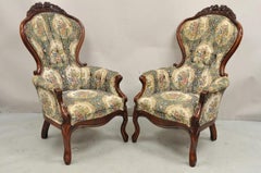 Vintage viktorianischen Stil hohe Rückenlehne Kirsche Holz Tapisserie Lounge Stühle - ein Paar