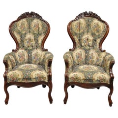 Vintage Victorian Style High Back Cherry Wood Tapestry Lounge Chairs - a Pair