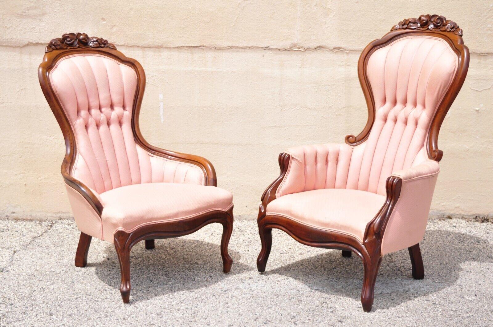 Vintage Victorian style his and hers rose carved fireside lounge chairs - a pair. Item features His and Hers size, pink tufted upholstery, channel backs, rose flower carved pediments, solid wood frames, very nice vintage set, great style and form.