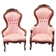 Used Victorian Style His and Hers Rose Carved Fireside Lounge Chairs, a Pair