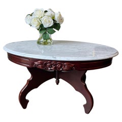 Vintage Victorian Style Italian Marble Top Mahogany Carved Cocktail Table 