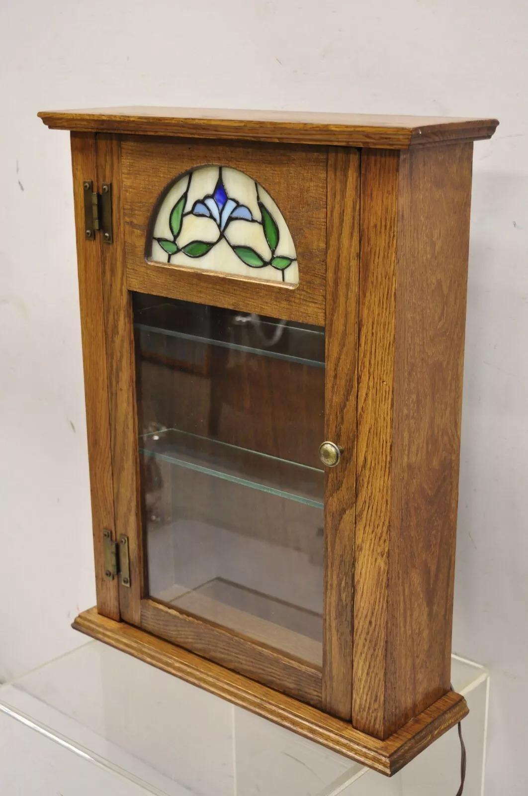 Vintage Victorian Style Oak Wood & Stained Glass Small Display Curio Cabinet 5