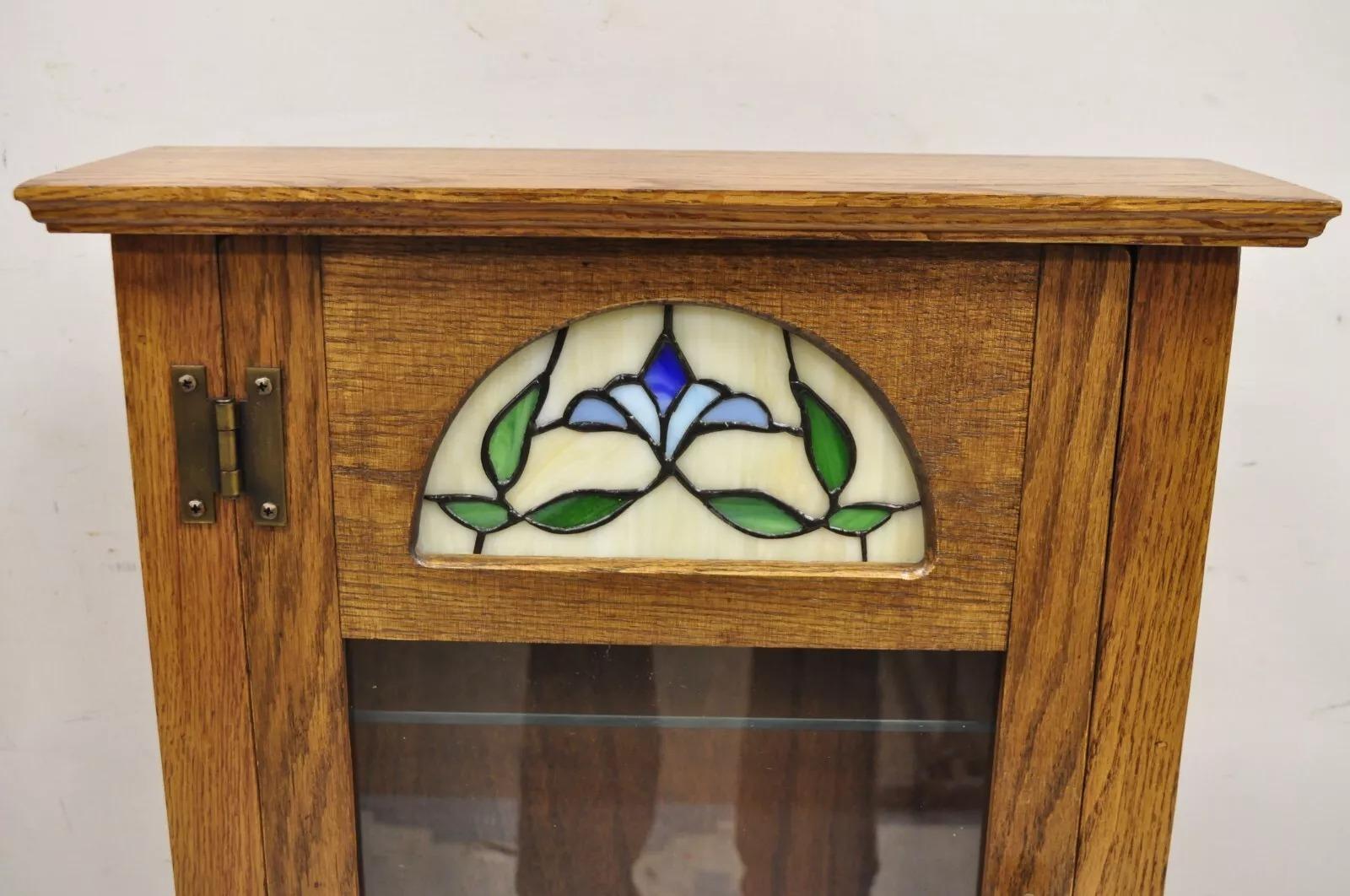 Vintage Victorian Style Oak Wood & Stained Glass Small Display Curio Cabinet 6