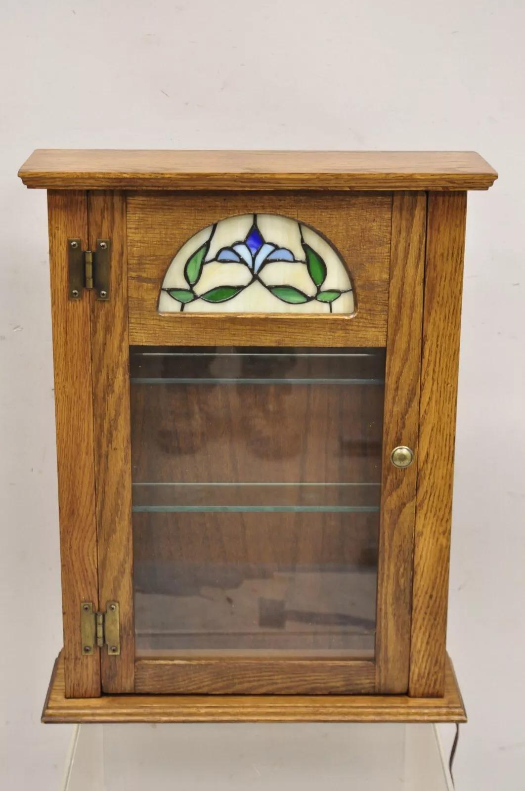 Vintage Victorian Style Oak Wood & Stained Glass Small Display Curio Cabinet 7