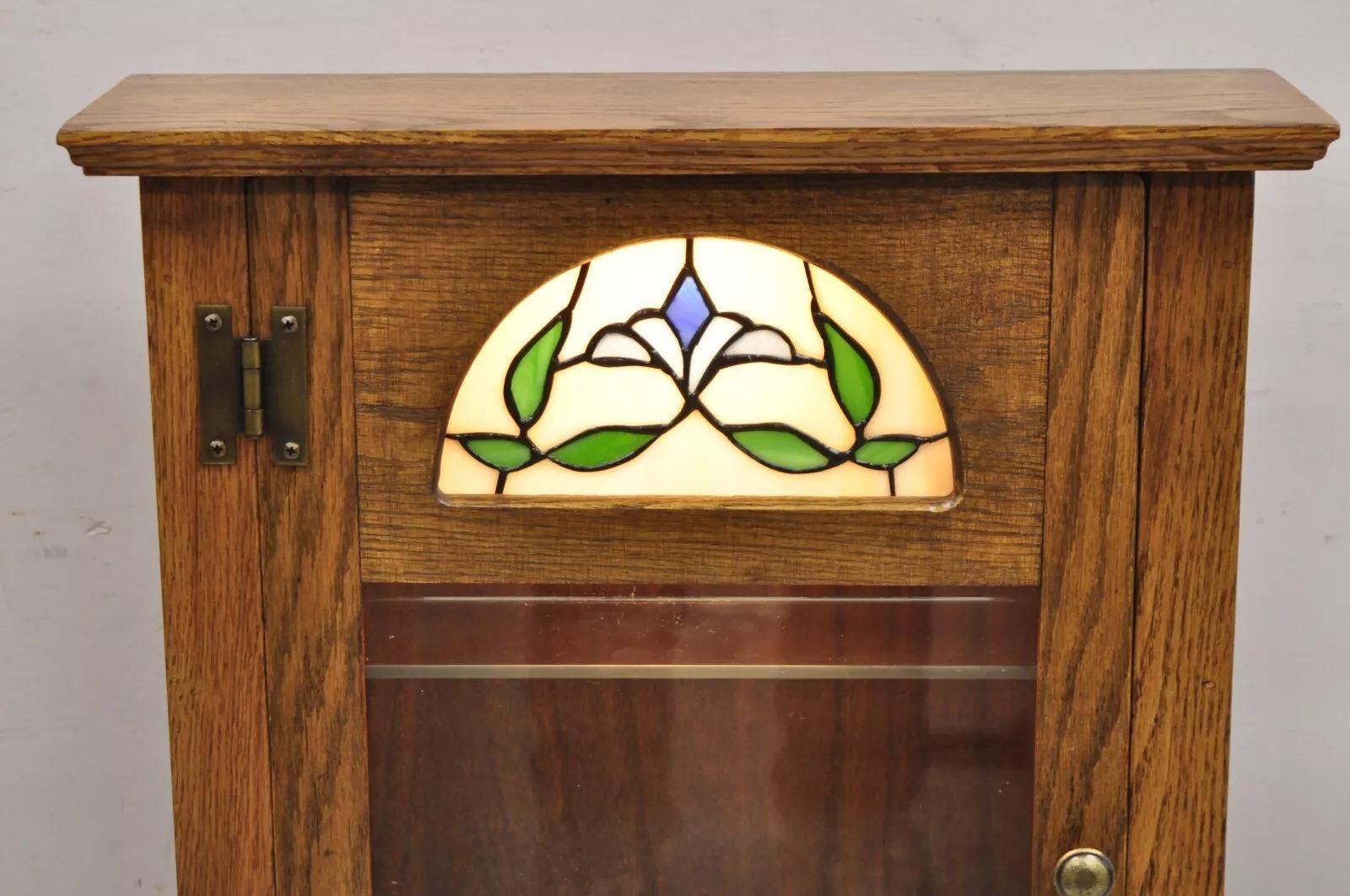 Unknown Vintage Victorian Style Oak Wood & Stained Glass Small Display Curio Cabinet