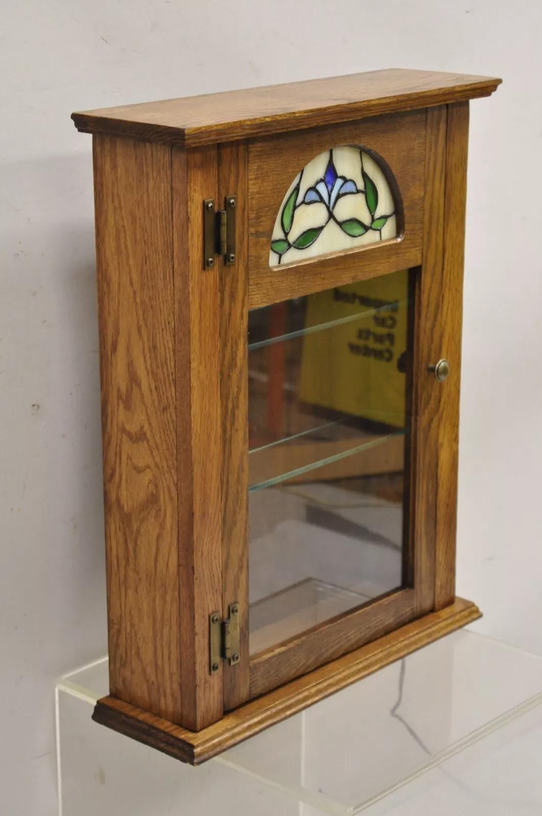 20th Century Vintage Victorian Style Oak Wood & Stained Glass Small Display Curio Cabinet