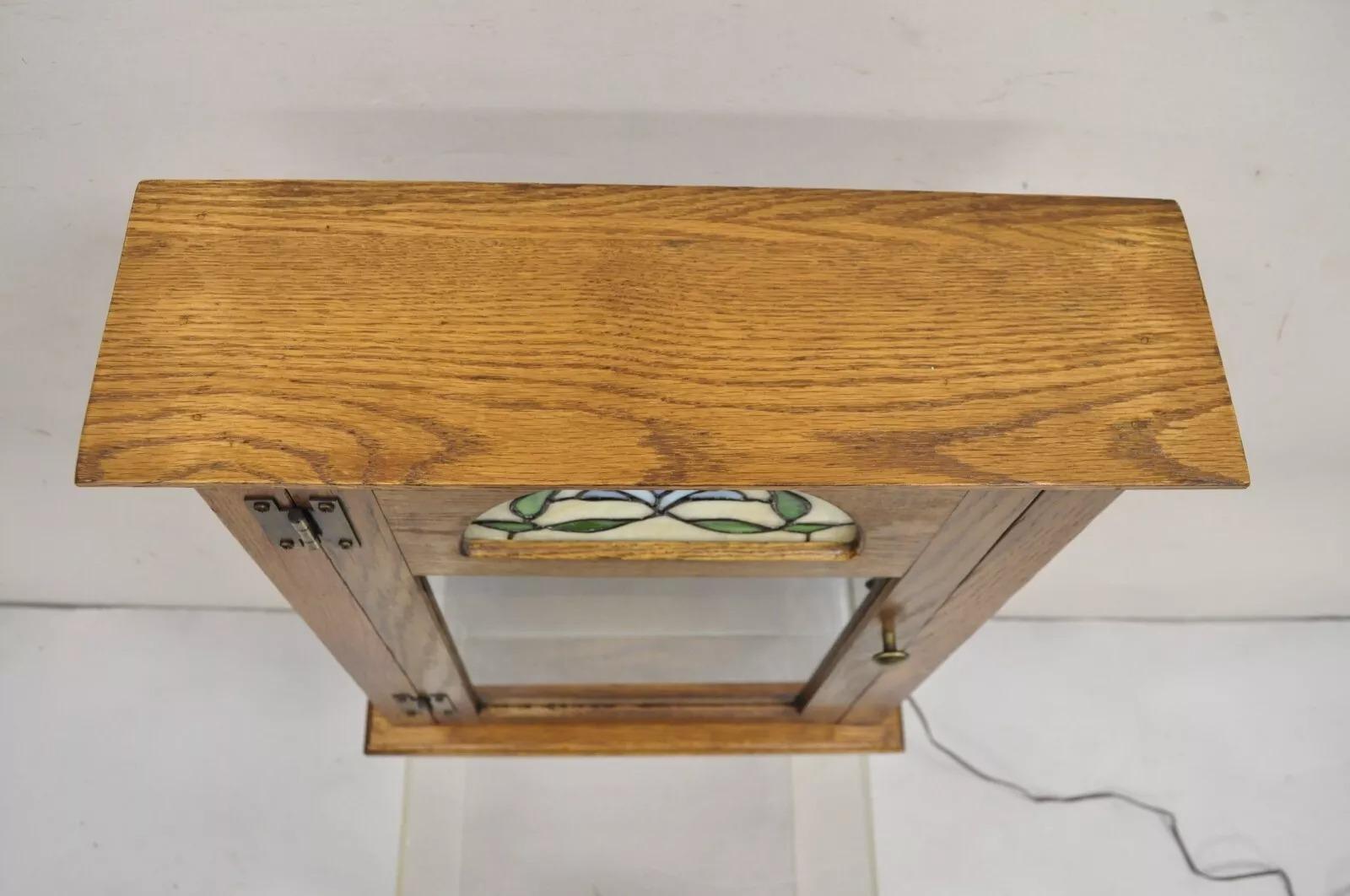 Vintage Victorian Style Oak Wood & Stained Glass Small Display Curio Cabinet 3
