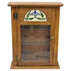 Vintage Victorian Style Oak Wood & Stained Glass Small Display Curio Cabinet