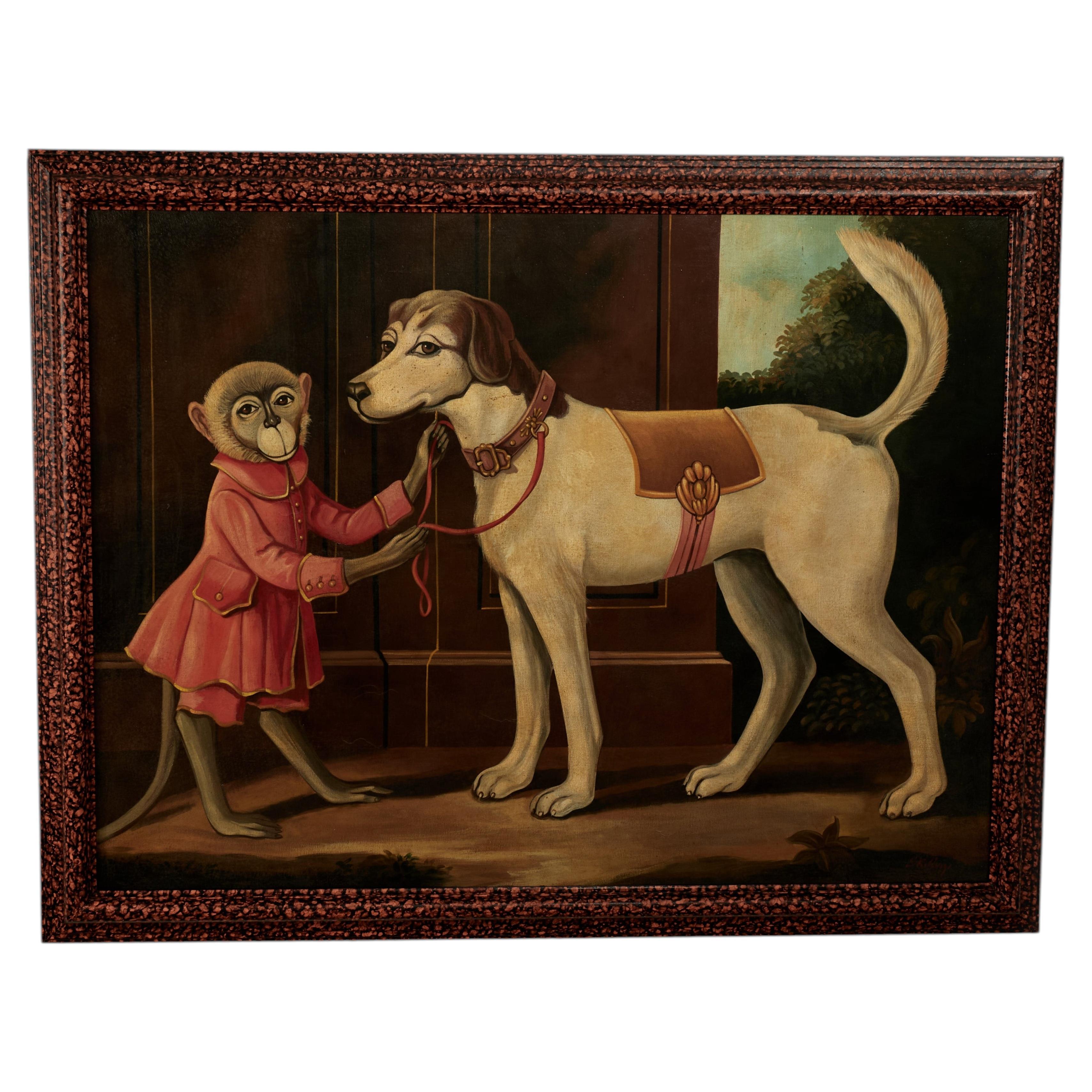 Vintage Victorian Style Painting of a Monkey and Dog by William Skilling For Sale