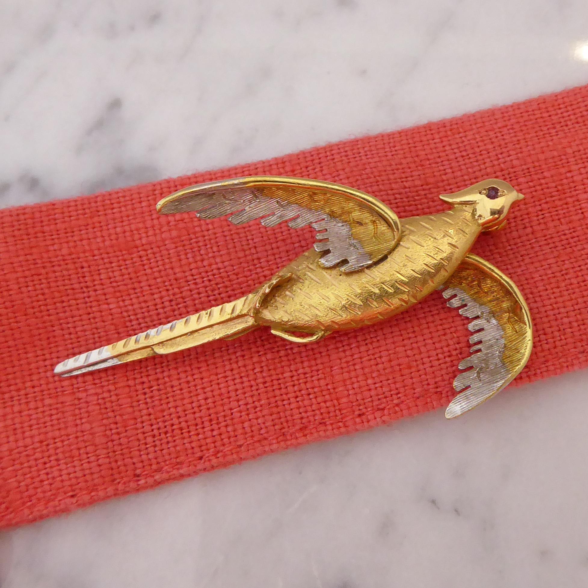 Vintage Victorian Style Pheasant Sporting Brooch, 18 Carat Gold, 1990s 1