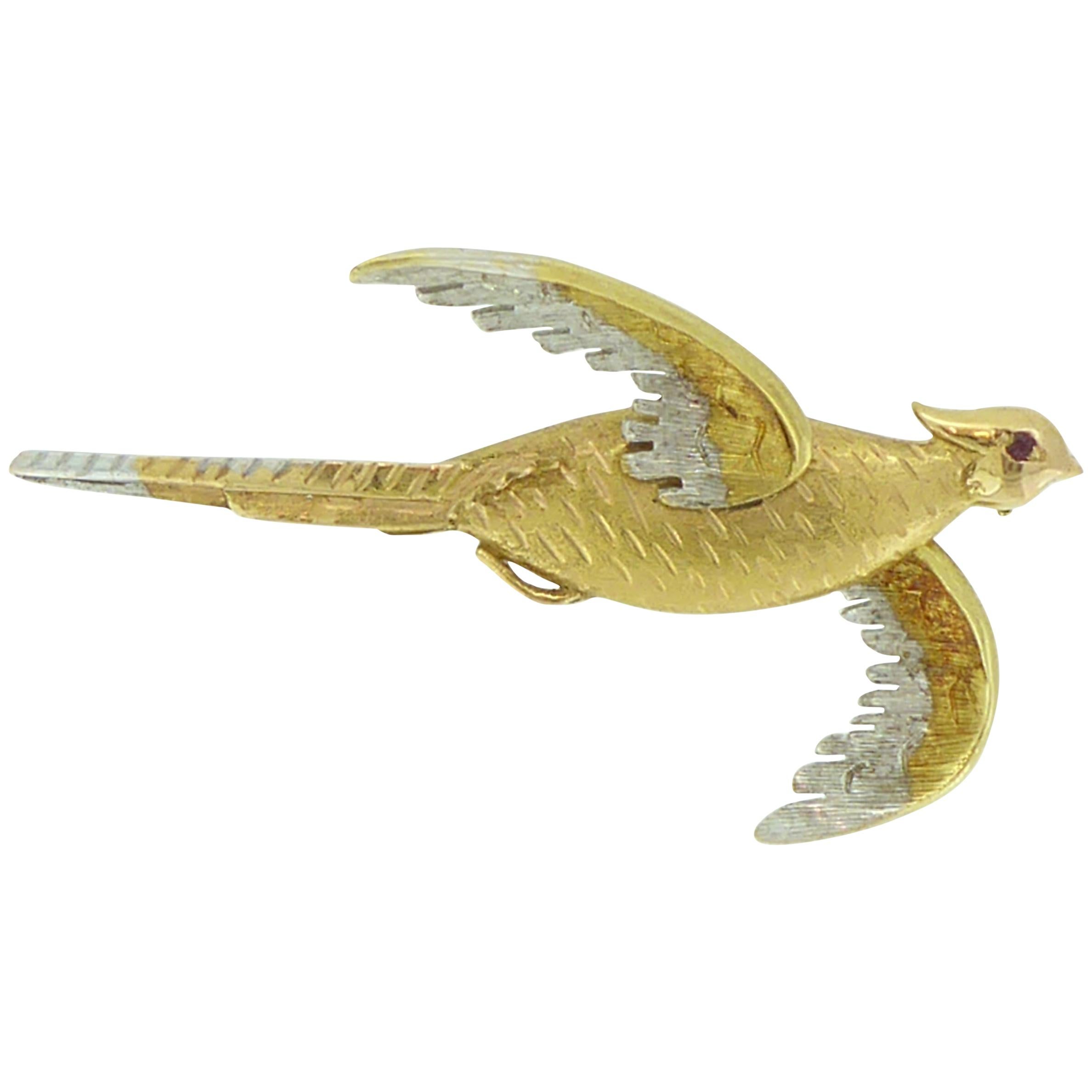 Vintage Victorian Style Pheasant Sporting Brooch, 18 Carat Gold, 1990s