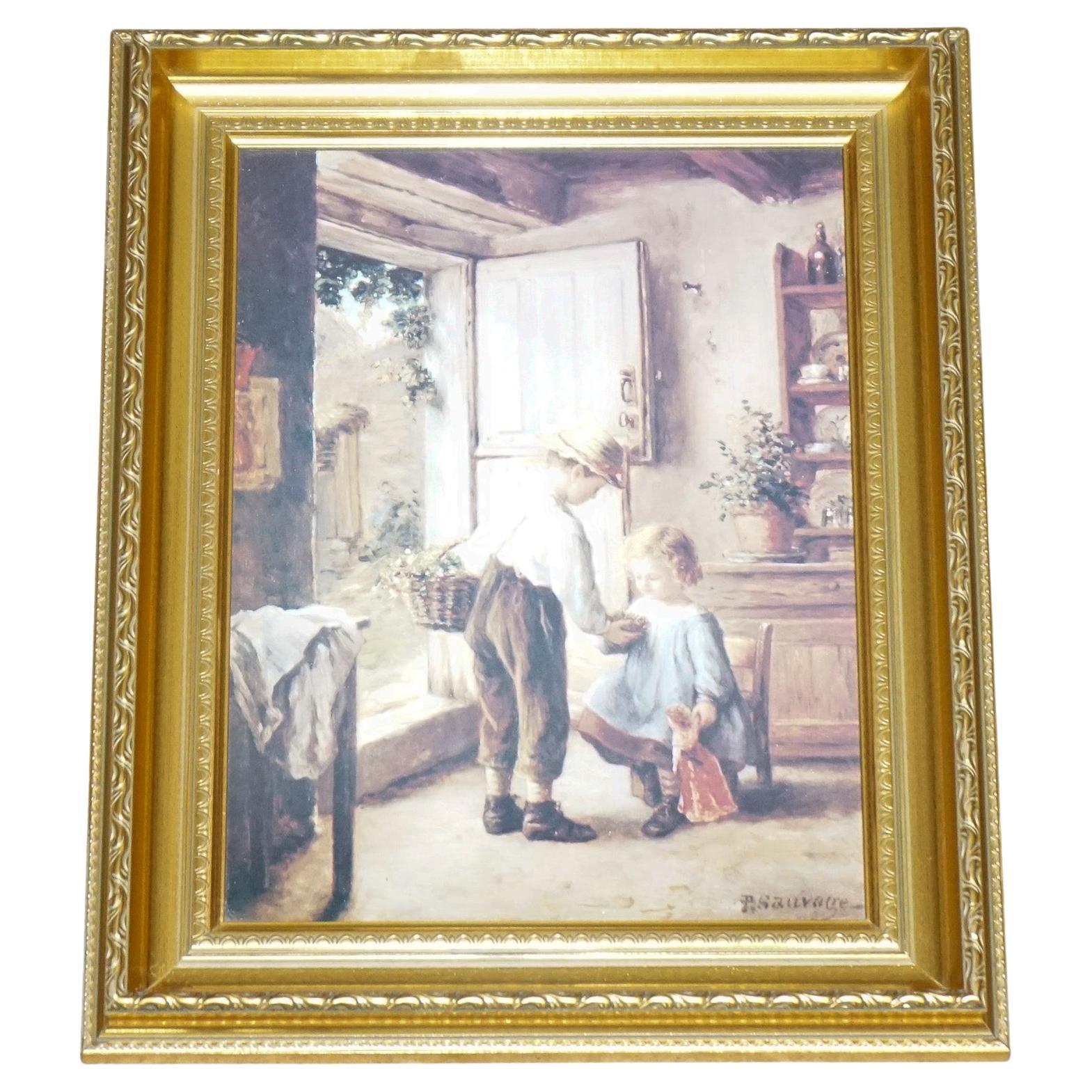 VINTAGE VICTORIAN STYLE PRINT COZY KITCHEN SCENE GITLED FRAME 52 x 42 CM