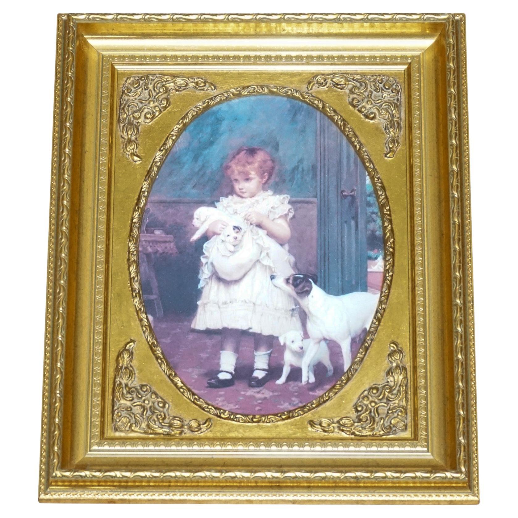 VINTAGE VICTORIAN STYLE PRINT GIRL WITH DOG AND PUPPIES GITLED FRAME 52 x 42 CM