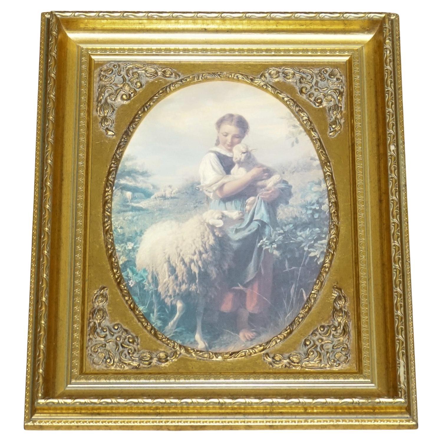VINTAGE VICTORIAN STYLE PRINT YOUNG SHEPHERDESS GITLED FRAME 53 x 42 CM