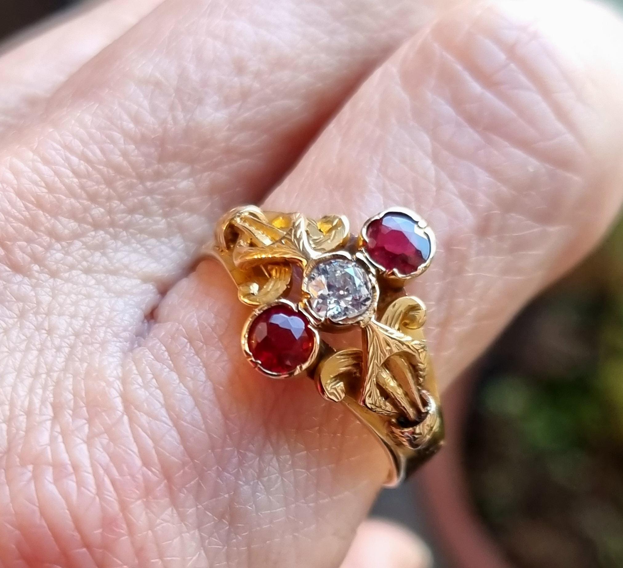 Vintage Victorian Style Ruby and Diamond Three Stone Ring For Sale 5