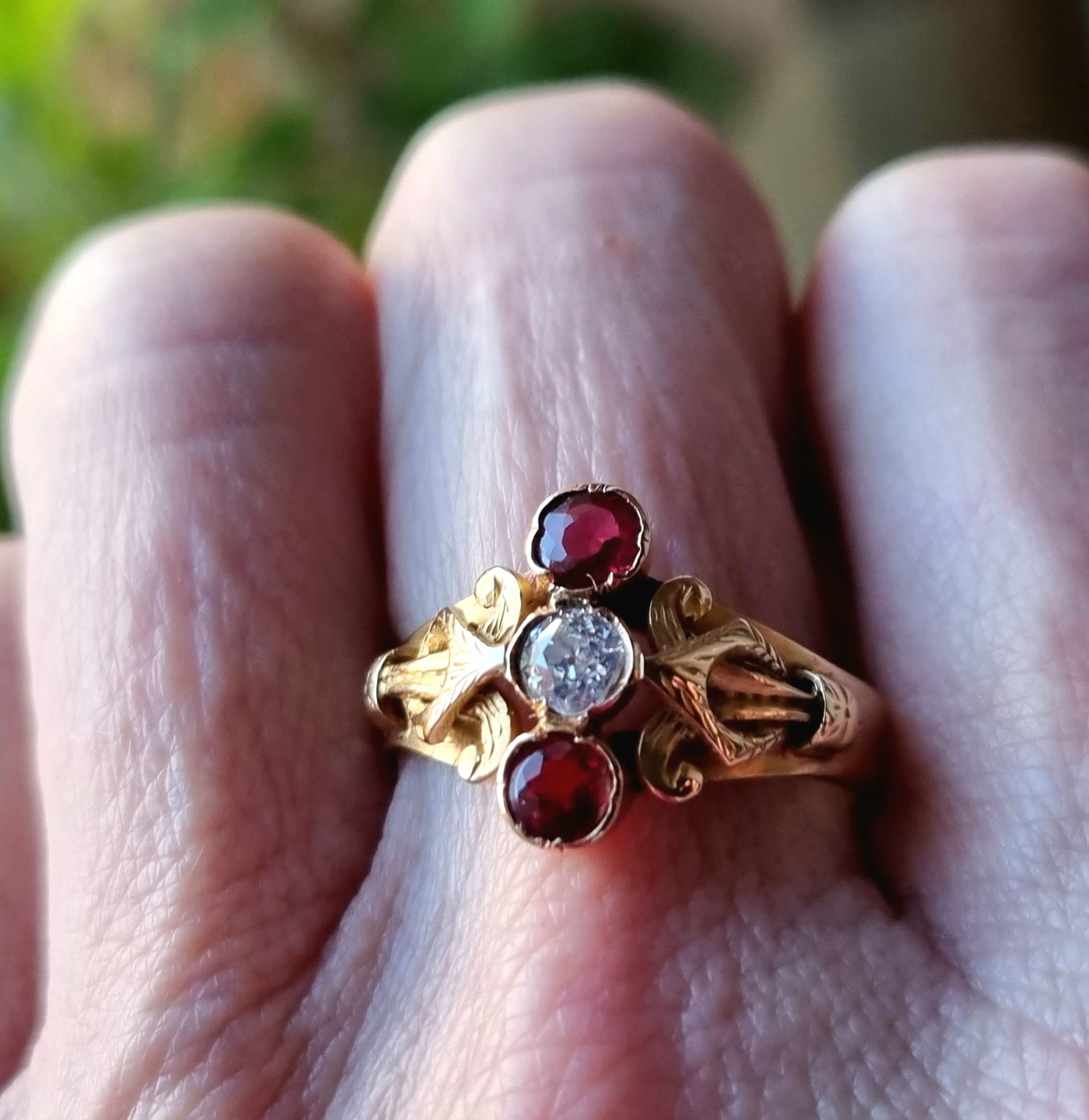 Vintage Victorian Style Ruby and Diamond Three Stone Ring For Sale 6