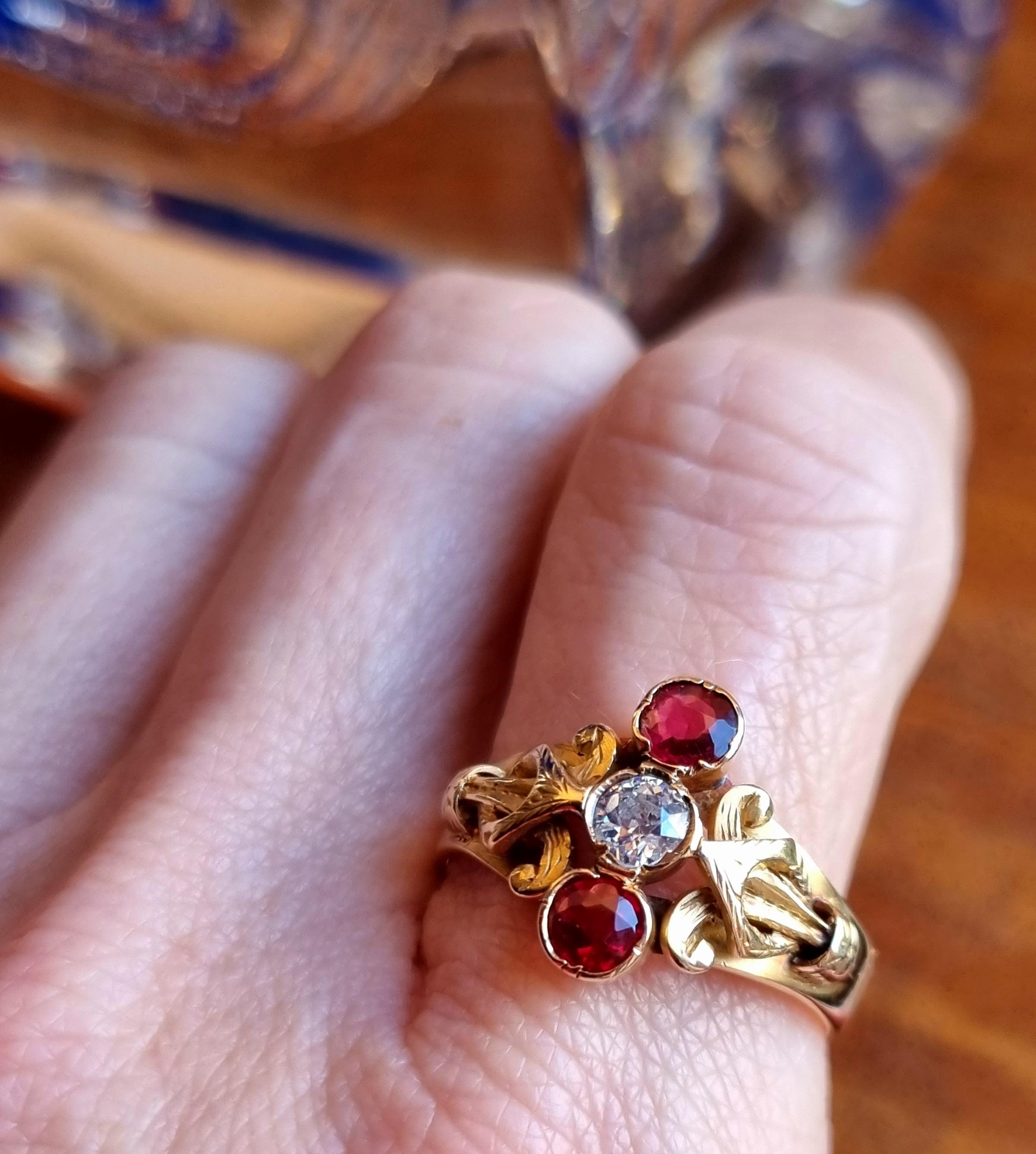 Vintage Victorian Style Ruby and Diamond Three Stone Ring For Sale 7