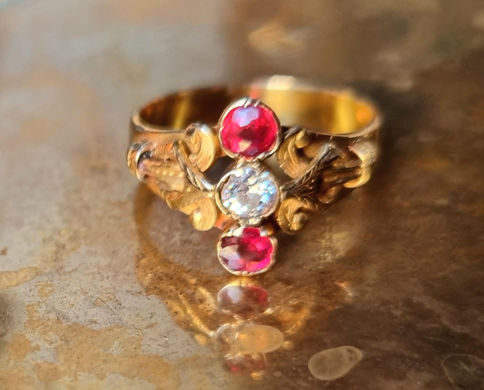 Revival Vintage Victorian Style Ruby and Diamond Three Stone Ring For Sale